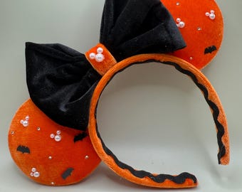 Black and Orange Halloween Minnie Ears with Bats