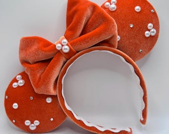 Orejas de Minnie de terciopelo naranja con perlas: temática de Halloween