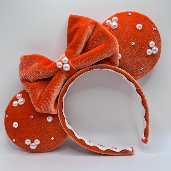 Orejas de Minnie de terciopelo naranja con perlas: temática de Halloween