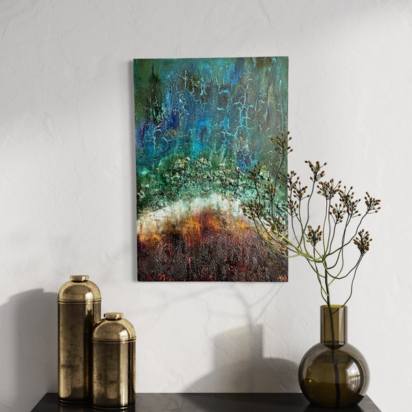 Seaglass, abstract schilderij mixed media, branding/ kustlijn