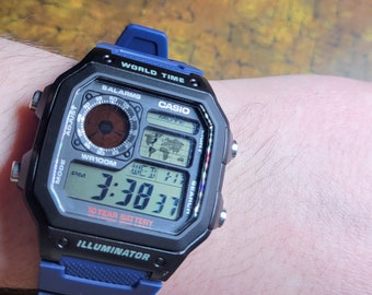 Mens Casio World Time AE-1200WH Custom Modified Gray and Brown Color Screen Mod with Blue Strap Water Resistant Watch