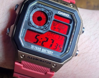 Mens Casio World Time AE-1200WH Custom Modified Red Color Screen Mod with Red Strap Water Resistant Watch