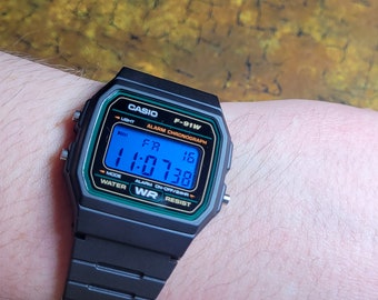 Montre Mod personnalisée Casio F91W pour homme avec écran bleu et résistant à l'eau