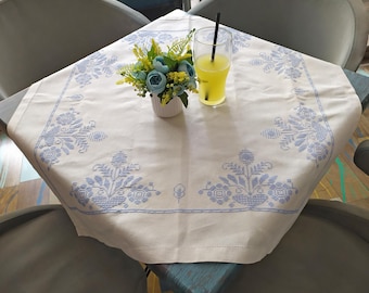 81x83 cm White vintage cotton tablecloth with cross-stitched blue flowers  Square tablecloth for a square or round table Сoffee table decor