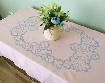 141x89 cm Vintage cotton tablecloth with light blue embroidery Light pink cross stitched tablecloth Rustic home decor Blue pattern