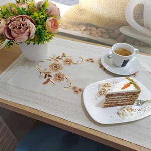 Vintage table runner with simple embroidery Beige cotton hand embroidered runner Coffee table runner Country house decor  Vintage embroidery