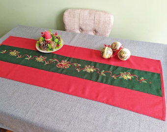 Camino de mesa vintage de 108 x 39 cm con bordado navideño Camino de mesa rojo para mesa navideña Decoración navideña para el hogar en colores navideños tradicionales