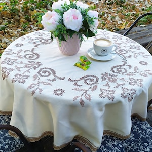 50" Round vintage tablecloth with cross stitch embroidery Yellow embroidered tablecloth for a round table Vintage embroidered table top