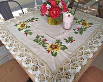 Vintage linen tablecloth with embroidery and lace edge Square tablecloth with sunflowers for square or round table Сountry house decor