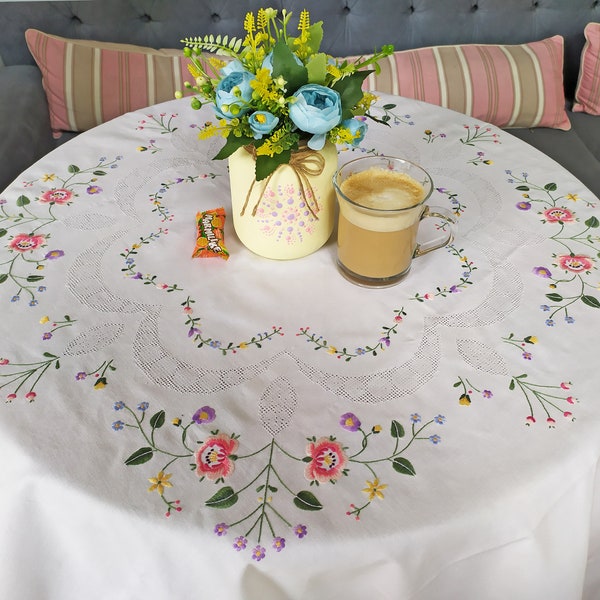 White round tablecloth with Floral embroidery and Hole pattern Vintage tablecloth for a round table  Vintage hand embroidered table overlay