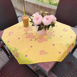 31,5x32&quot; Vintage hand embroidered tablecloth Yellow square tablecloth with bright embroidery Сountry house decoration Table centerpiece