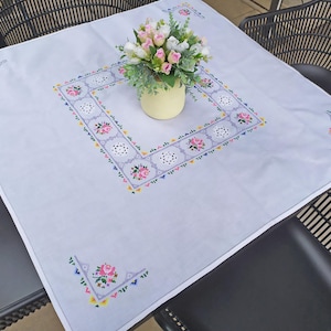 31x32” White vintage cotton tablecloth with floral embroidery “pink roses” and crocheted patterns Hand embroidered table overlay