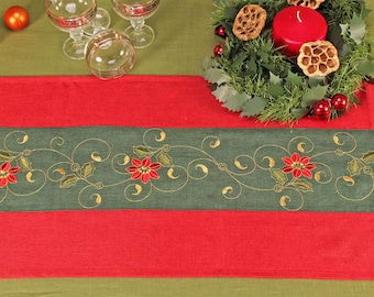 Camino de mesa vintage de 170 x 40 cm con bordado navideño tradicional Camino de mesa rojo y verde con flor de Pascua bordada en satén Decoración del hogar