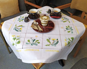Tovaglia bianca vintage in cotone da 31" con fiori selvatici estivi a punto croce Tovaglia quadrata per un tavolo quadrato Decorazione per tavolo da pranzo