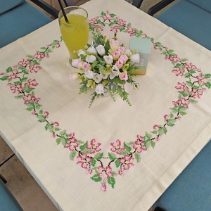 Handmade embroidery vintage tablecloth Beautiful tablecloth with cross-stitched rose hip flowers Tablecloth for a round or square table