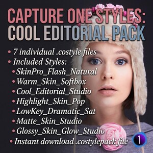 May include: Promotional image for Capture One Styles: Cool Editorial Pack. The image features a woman wearing a fur hat, with text listing included styles such as SkinPro_Flash_Natural and Cool_Editorial_Studio. The pack includes 7 individual .costyle files.