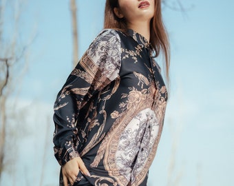 Black Gold Satin Versailles Printed Shirt