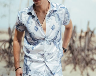 Satin Blue Floral Printed Shirt