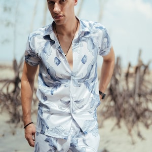 Satin Blue Floral Printed Shirt image 1