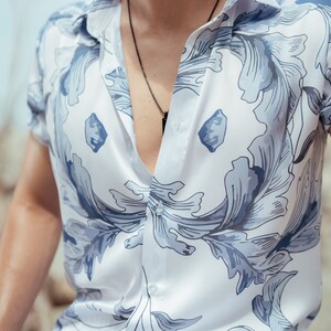 Satin Blue Floral Printed Shirt image 2