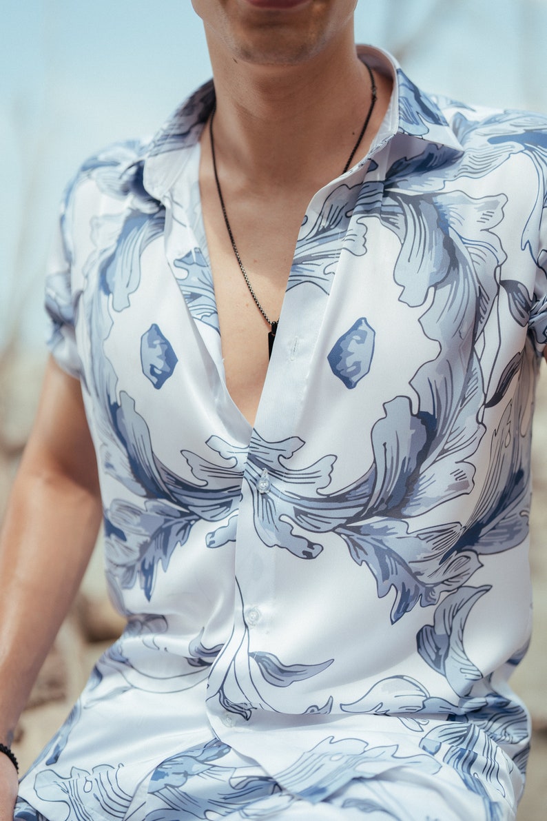 Satin Blue Floral Printed Shirt image 2