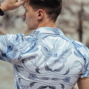 Satin Blue Floral Printed Shirt image 4