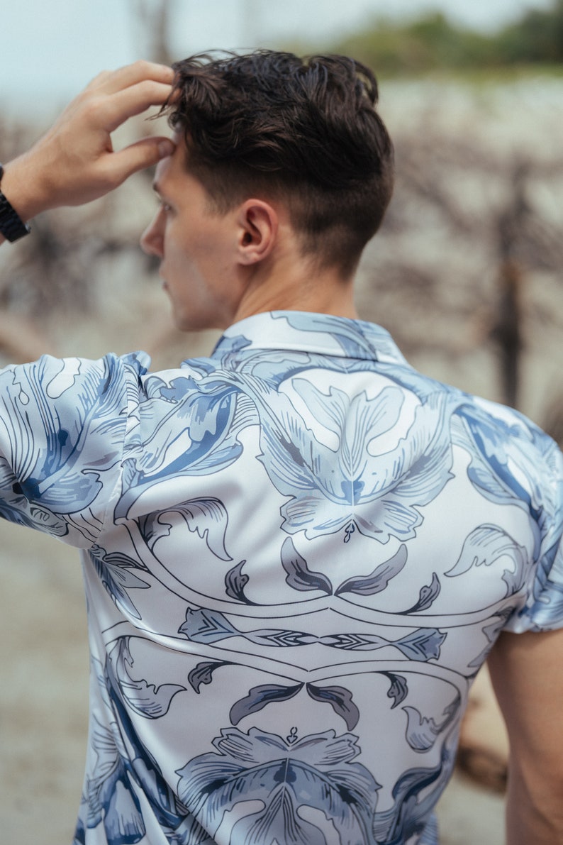 Satin Blue Floral Printed Shirt image 4