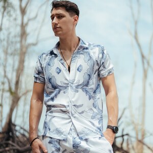 Satin Blue Floral Printed Shirt image 6