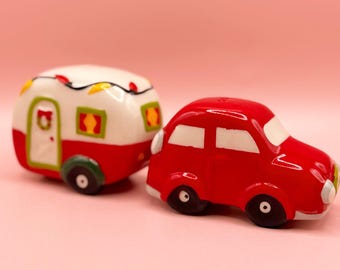 Vintage Christmas Salt Pepper Shakers, Red Car Camper Set, Retro Holiday Table Decor