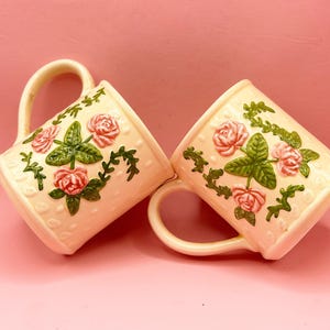 Vintage Floral Ceramic Mugs - Pink Rose Relief Design - Cottagecore Set of 2