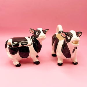 Vintage Ceramic Cow Creamer and Sugar Bowl, Kitschy Farmhouse Kitchen Decor, Retro Cow Print Home Decor