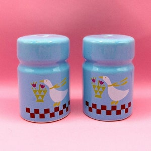 Vintage Blue Salt and Pepper Shakers with Goose and Floral Decal | 1990s Salt and Pepper Shakers