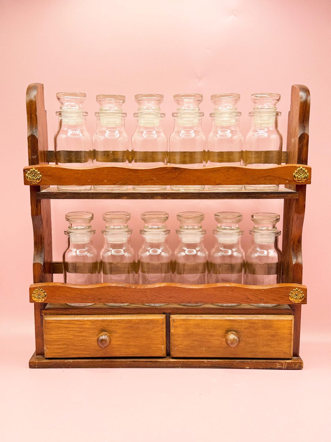 Vintage Wood Spice Rack, 12 Apothecary Jars, Wall Mount Cabinet, Mid ...