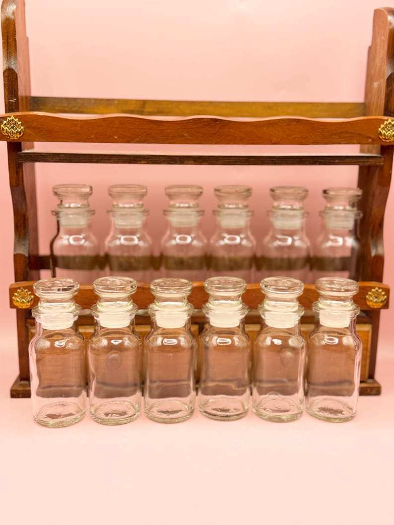 Vintage Wood Spice Rack, 12 Apothecary Jars, Wall Mount Cabinet, Mid ...