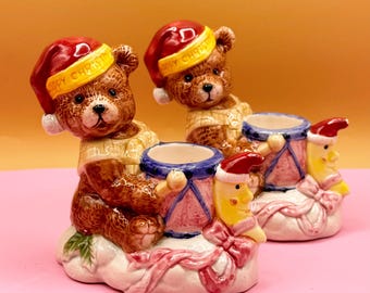 Vintage Christmas Bear Candlestick Holders, Ceramic Santa Decor
