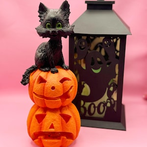 May include: A Halloween-themed decoration featuring a black cat figurine with green eyes perched atop two carved orange pumpkins. A black lantern with ghost cutouts and the word "BOO" is in the background. The pumpkins have carved faces.