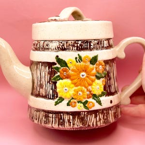 Vintage Floral Pottery Teapot: Barrel Style Retro Kitchen Decor