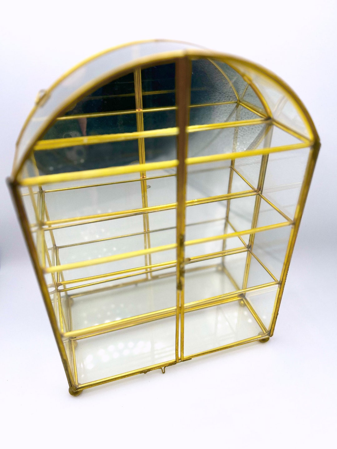 Vintage Brass Mirror Curio Glass Wall Hanging Glass Display