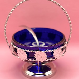 Vintage Cobalt Blue Glass Bowl with Chrome Base, Silver Handle Glass Serving Bowl, Sugar Container, Condiment Bowl
