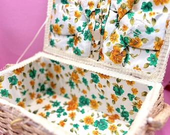 Adorable Handmade Wicker and Floral Sewing Box | Sewing Supplies | Vintage Sewing Storage