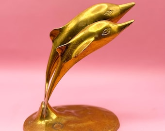 Vintage Brass Dolphin Statue: Large Mid-Century Nautical Decor