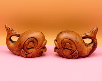 Vintage Kissing Whale Salt and Pepper Shakers, Kitschy Ceramic Ocean Decor