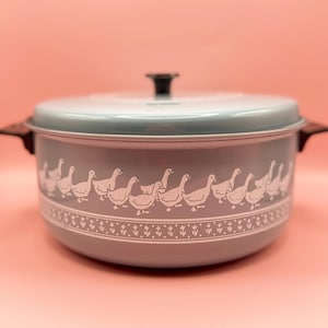 Peut inclure: Une casserole vintage en émail gris avec un couvercle bleu clair et une poignée noire. La casserole présente un motif d'oies blanches autour du corps et une bordure décorative. La casserole est sur fond rose.