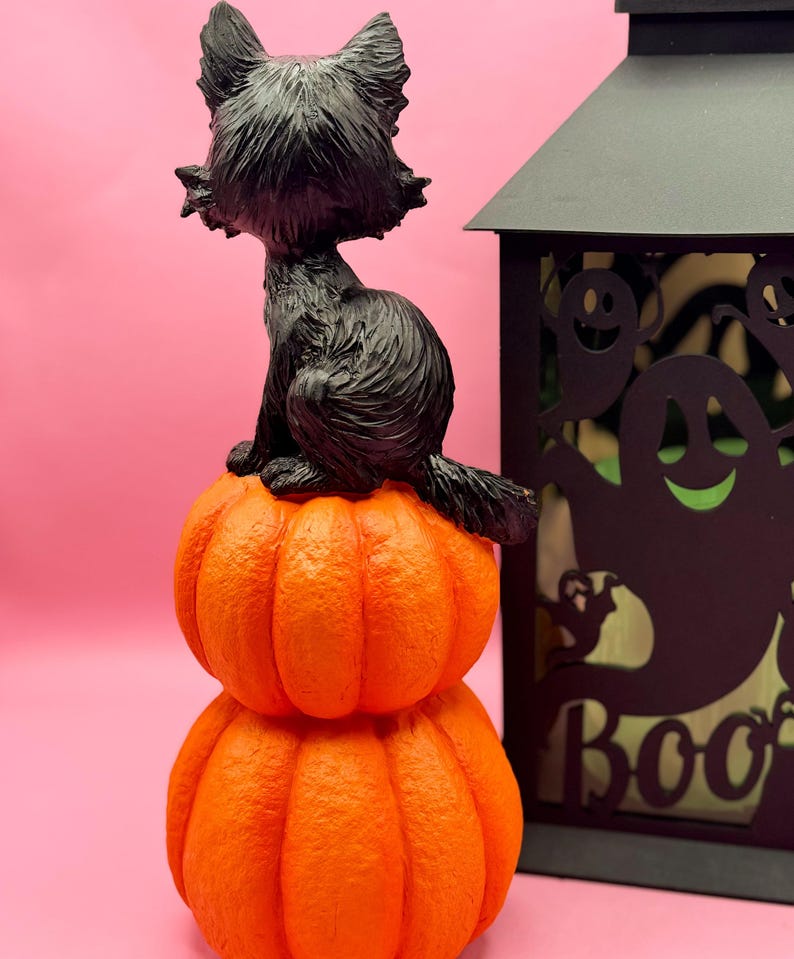 May include: A black cat figurine sits atop two stacked orange pumpkins. A black lantern with a ghost design and the word "Boo" is to the right. The background is a solid pink.