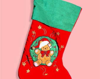 Nostalgic Vintage Christmas Stocking, Red Stocking with Teddy Bear, Santa Hat & Wreath Design
