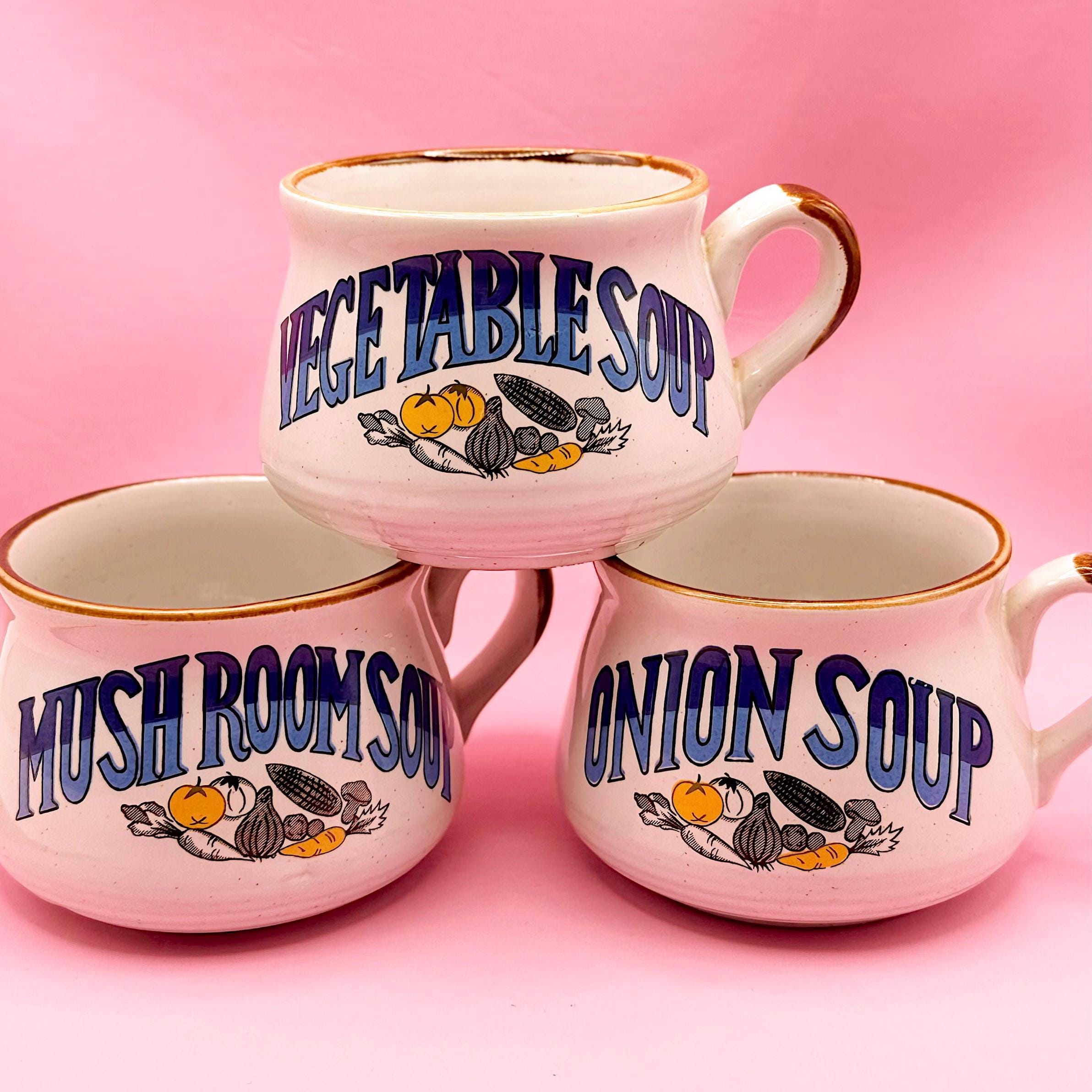 Vintage Ceramic Soup Mug Set: 1980s Stoneware Kitchen Decor