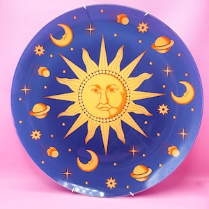 Vintage Celestial Wall Plate: Cobalt Blue Sun, Moon & Stars - Whimsigoth Decor