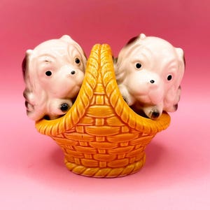 Puppy Dogs in a Basket 1950s Vintage Salt and Pepper Shakers, Retro Ceramic Spice Jars Made in Japan