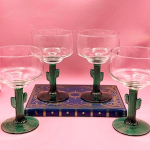 Vintagd set van 4 Libbey Cactus Stem Margarita-glazen, Cinco de Mayo Party-glaswerk, retro bargerei
