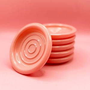 ヴィンテージ ヘーゼルアトラス モダントーン ピンク ファイアドオンコースターセット、1940年代 プラトナイトガラス食器